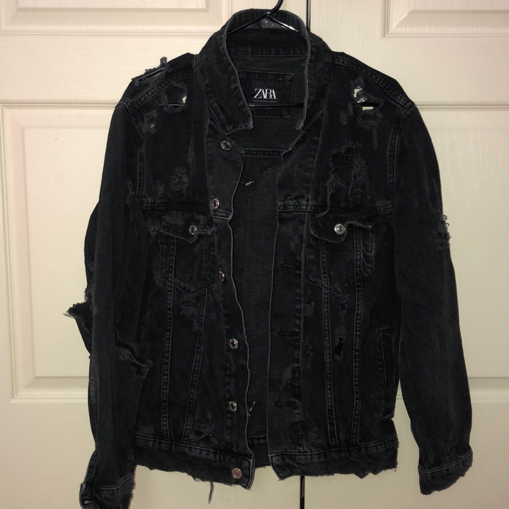 Black Zara jean jacket with snake skin patch (L)